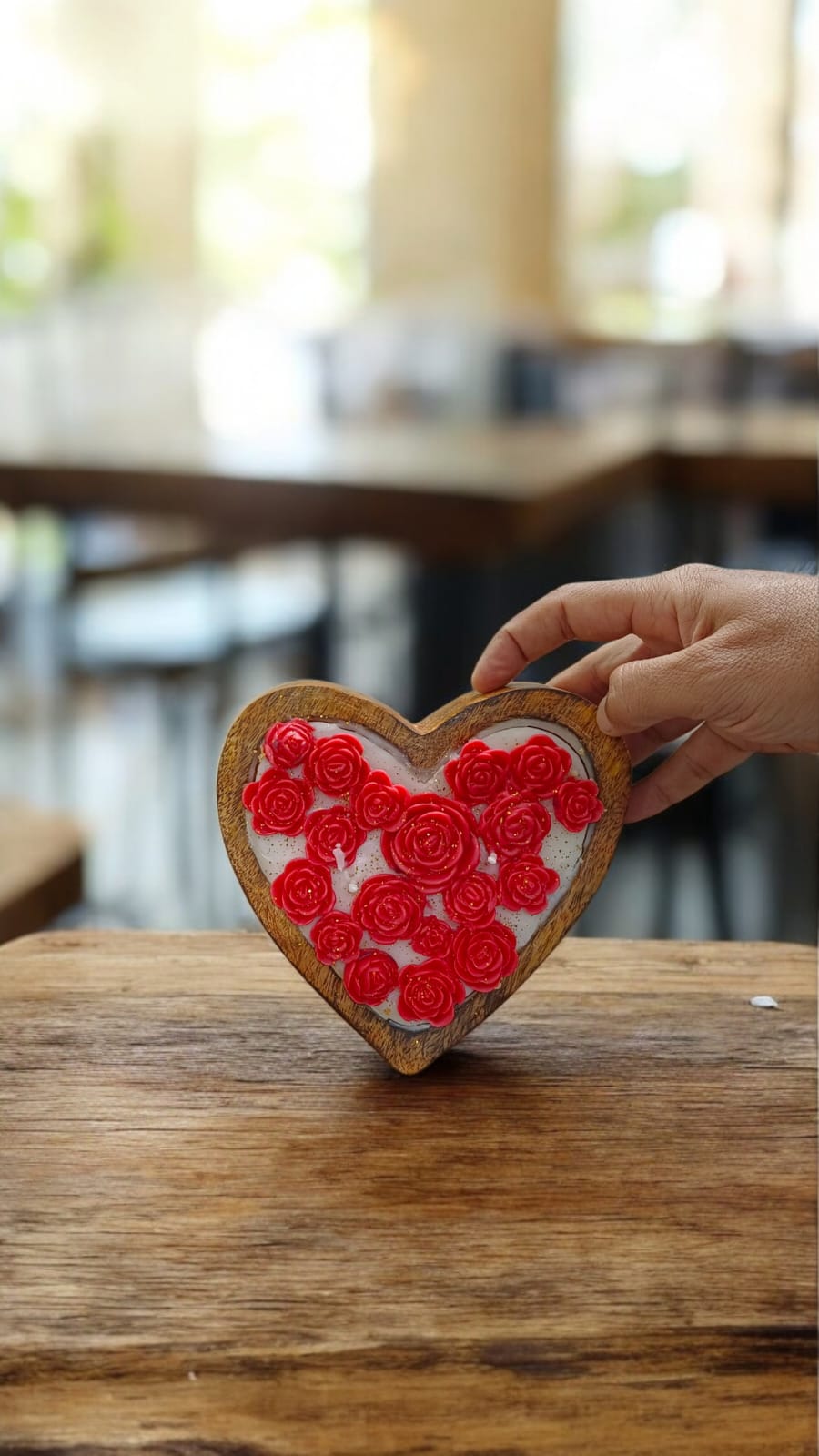 Femmora Wooden Heart-Shaped Decorative Candle with Red Flowers Design