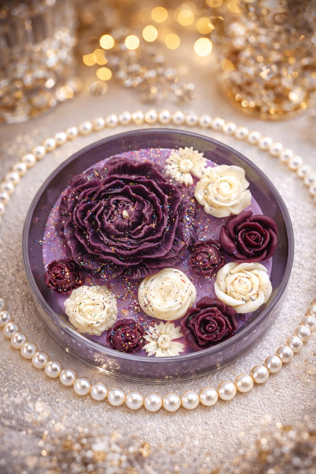 Femmora Handmade Luxury Shimmering Flower Glass Jar Candle – White & Purple