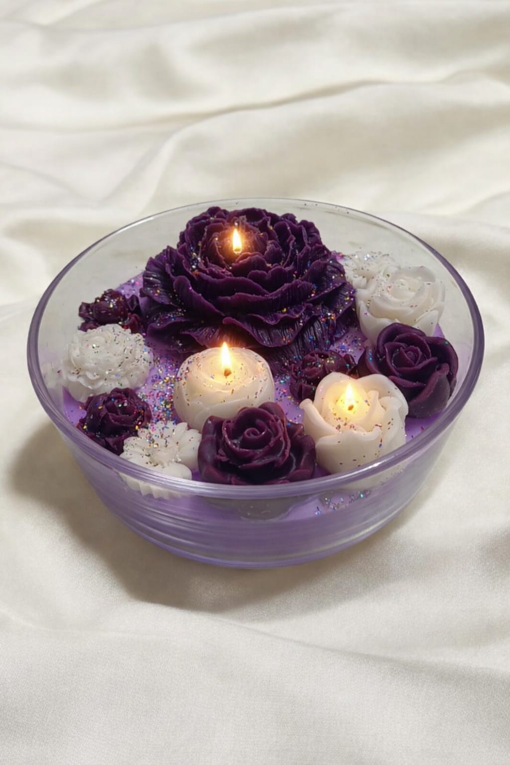 Femmora Handmade Luxury Shimmering Flower Glass Jar Candle – White & Purple